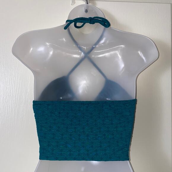 XS Teal Blue Green Lace Up Open‎ Front Backless Halter Crop Tank Top - Picture 4 of 4